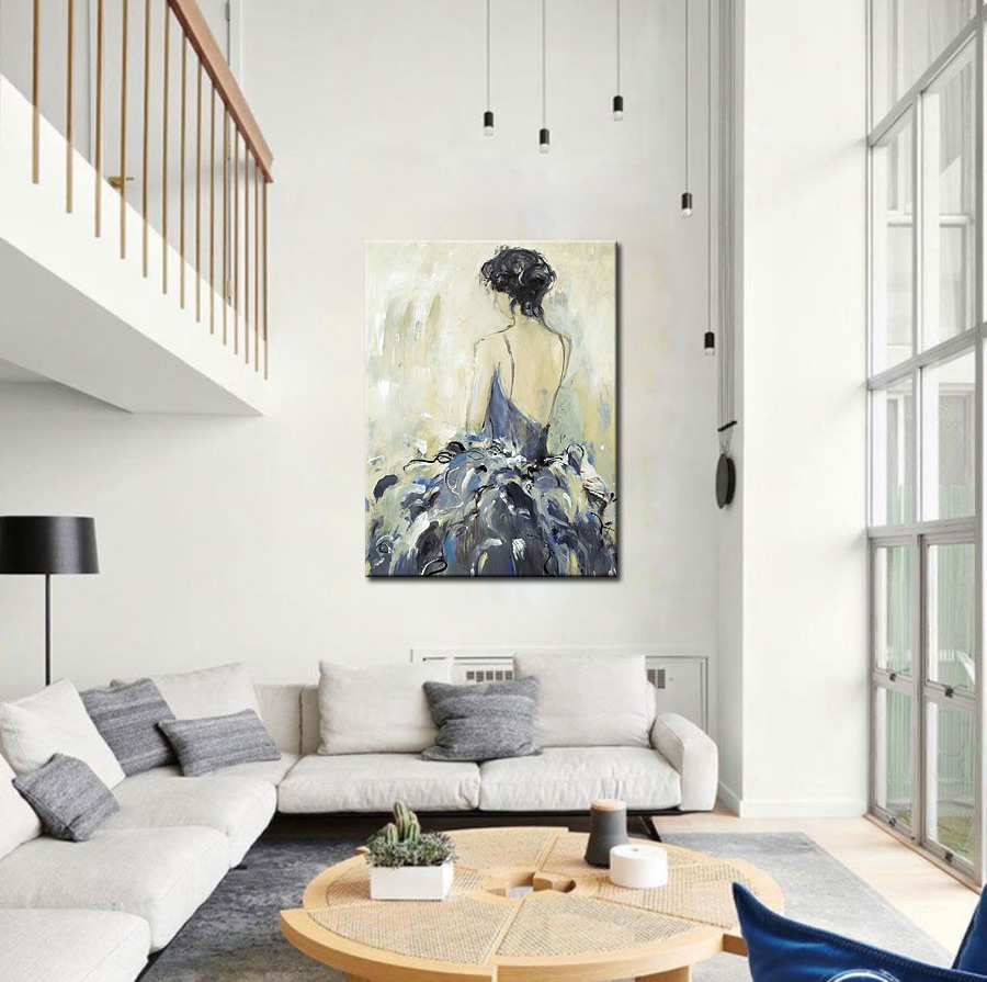 Vrouwen schilderij Blauwe Jurk 90x120cm - Afbeelding 2
