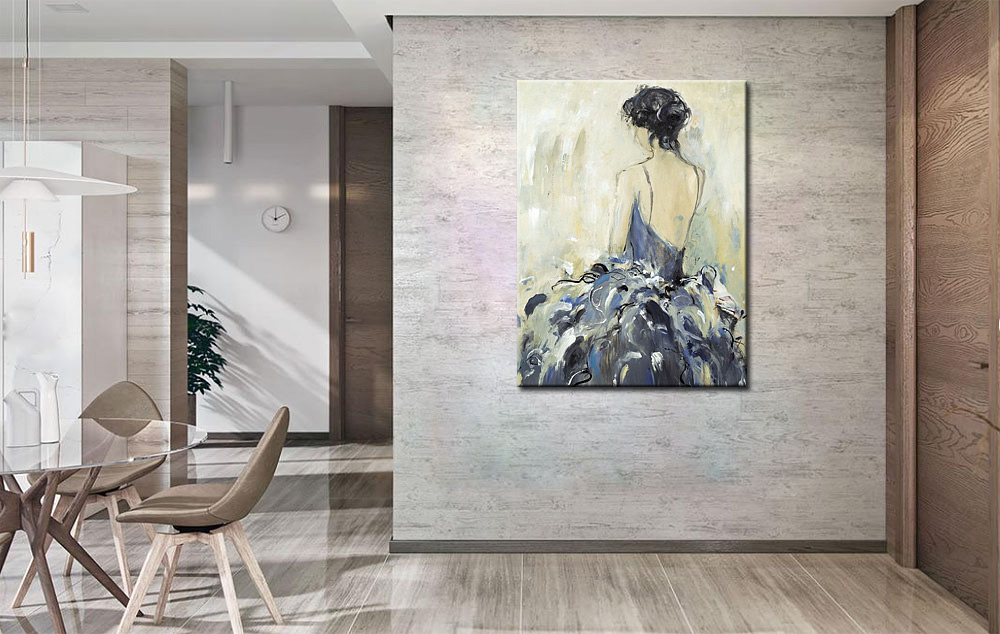 Vrouwen schilderij Blauwe Jurk 90x120cm - Afbeelding 4