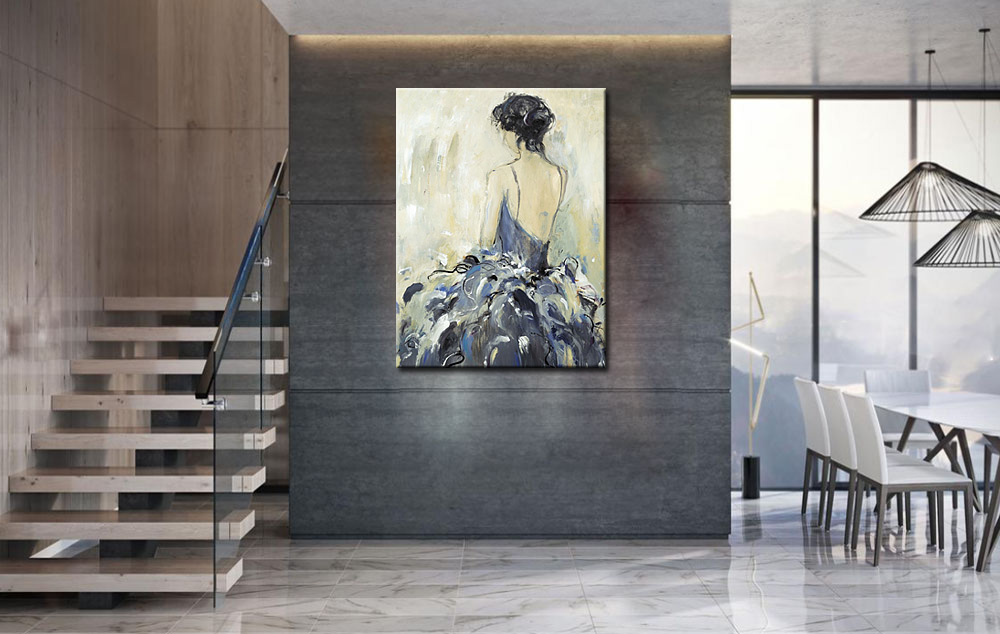Vrouwen schilderij Blauwe Jurk 90x120cm - Afbeelding 3