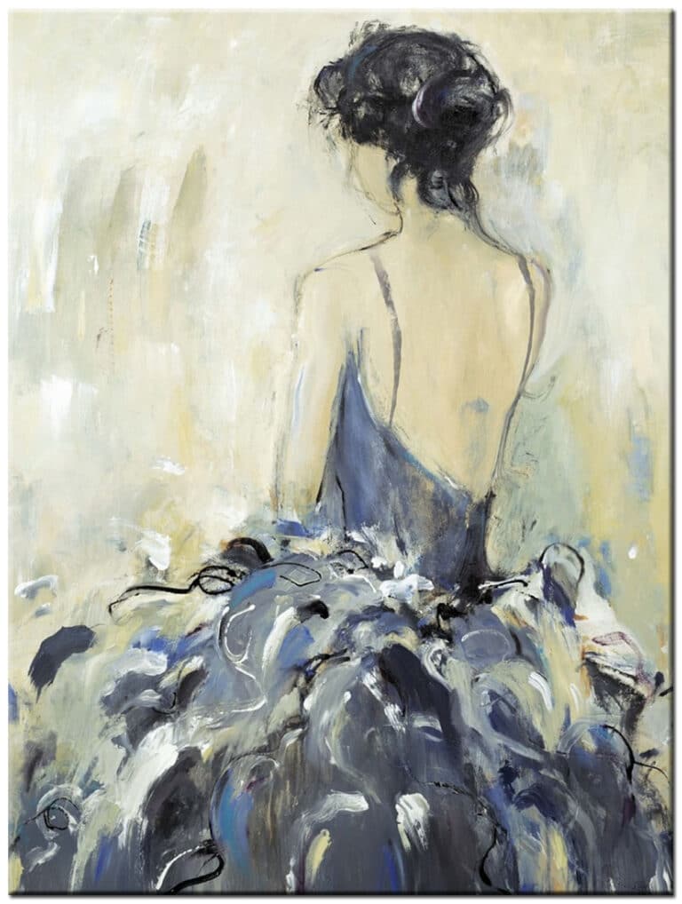 Vrouwen schilderij Blauwe Jurk figuratief olieverf met vrouw van achteren in elegante blauwe jurk