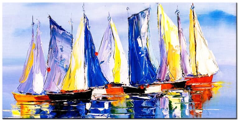 Modern schilderij Zeilboten in Blauw en Geel groot handgeschilderd olieverf schilderij met maritieme zeilboten en waterreflectie