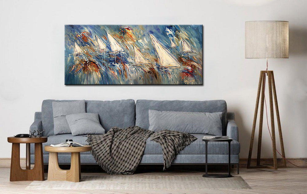 Zeilboten modern groot schilderij 160x70cm - Afbeelding 2