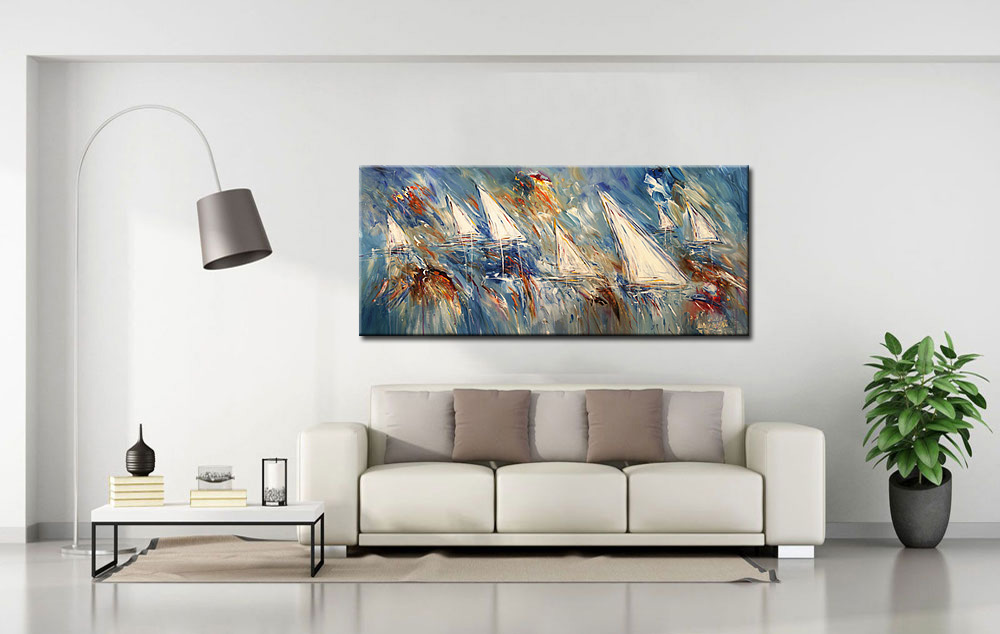 Zeilboten modern groot schilderij 160x70cm - Afbeelding 4