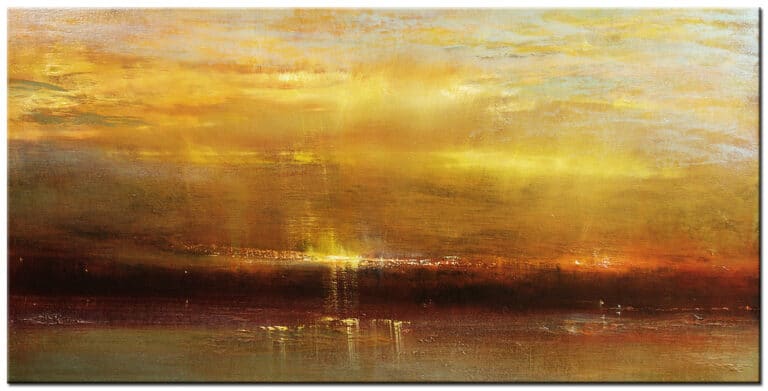 Schilderij Sunset – warme zonsondergang boven de horizon in goud, geel, bruin en zachte aardetinten
