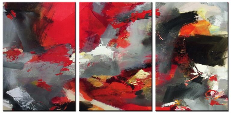 Abstract schilderij Rood Zwart drieluik handgeschilderd olieverf schilderij rood zwart grijs