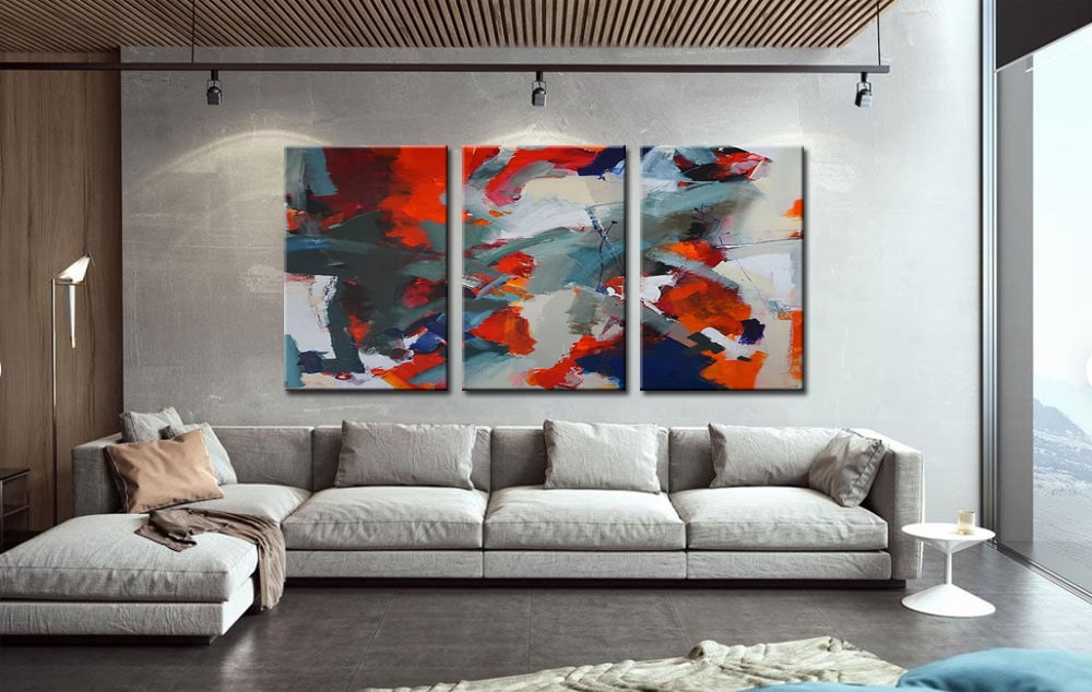 Drieluik schilderij Abstract Rood Grijs - Afbeelding 2