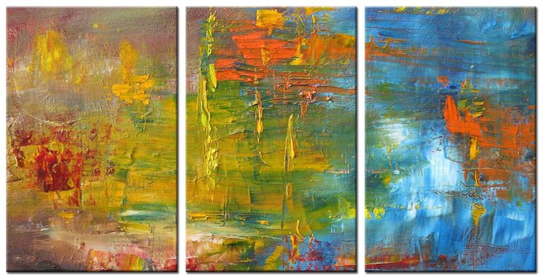 Abstract schilderij Blauw Geel drieluik handgeschilderd olieverf schilderij met blauwe en gele abstracte kleurvlakken