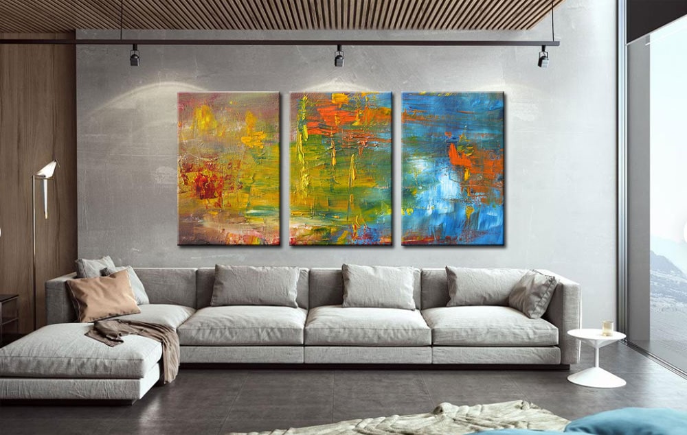 Drieluik schilderij Abstract Blauw Geel - Afbeelding 2