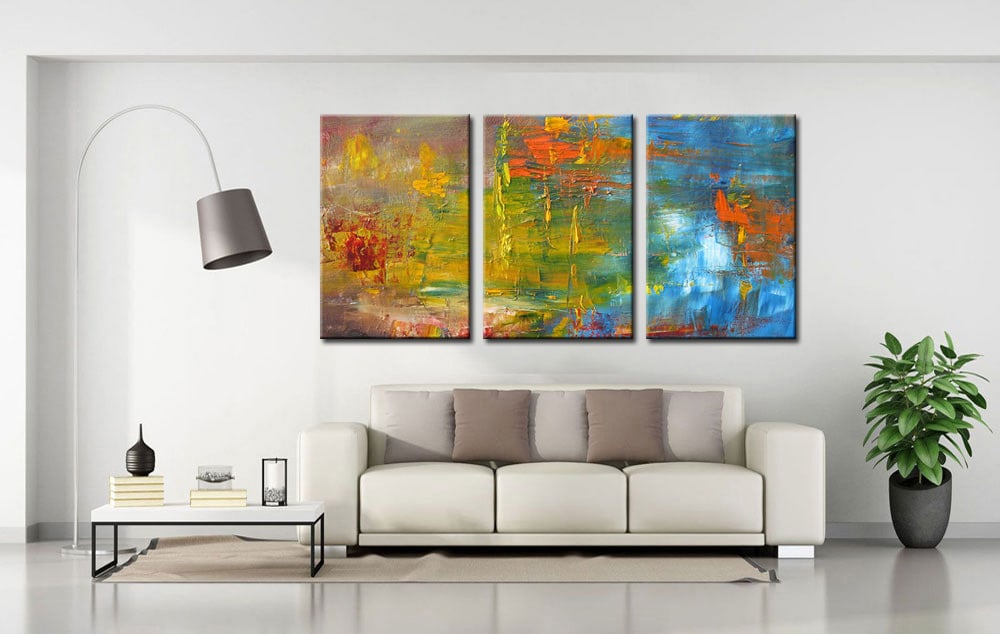 Drieluik schilderij Abstract Blauw Geel - Afbeelding 3