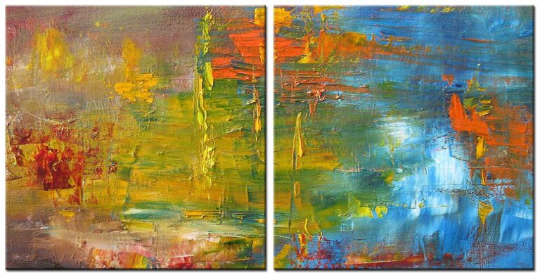 Abstract schilderij Zomerlicht tweeluik handgeschilderd olieverf schilderij met zomerse abstracte kleurvlakken in blauw en groen