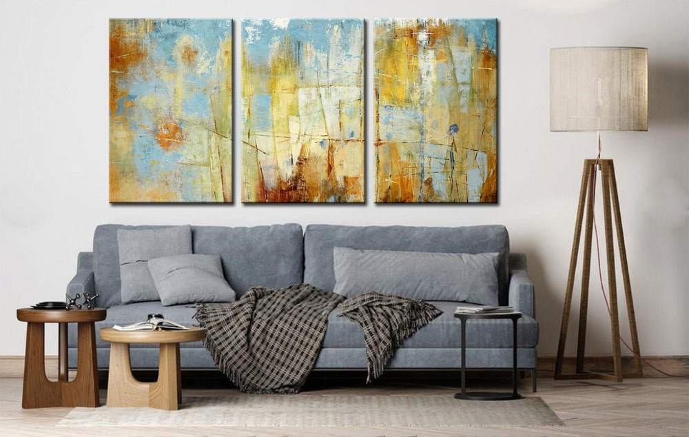 Abstract schilderij Drieluik Blauw Aarde - Afbeelding 4