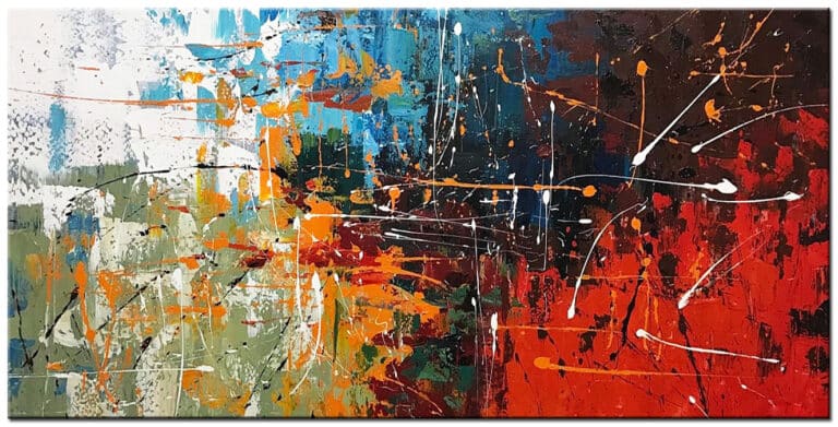 Schilderij Kleuren in Beweging – abstracte compositie in rood, blauw, turquoise, oranje, groen, zwart en wit