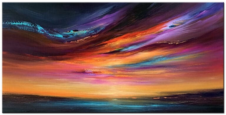 Abstract schilderij Kleurrijke Horizon handgeschilderd olieverf schilderij met kleurrijke zonsondergang boven blauwe zee