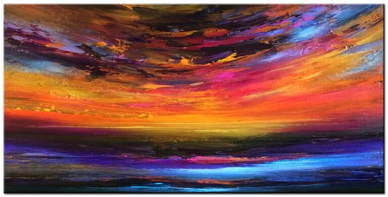 Schilderij Hemelse Horizon – kleurrijk landschap met horizon in oranje, rood, paars, blauw en geel