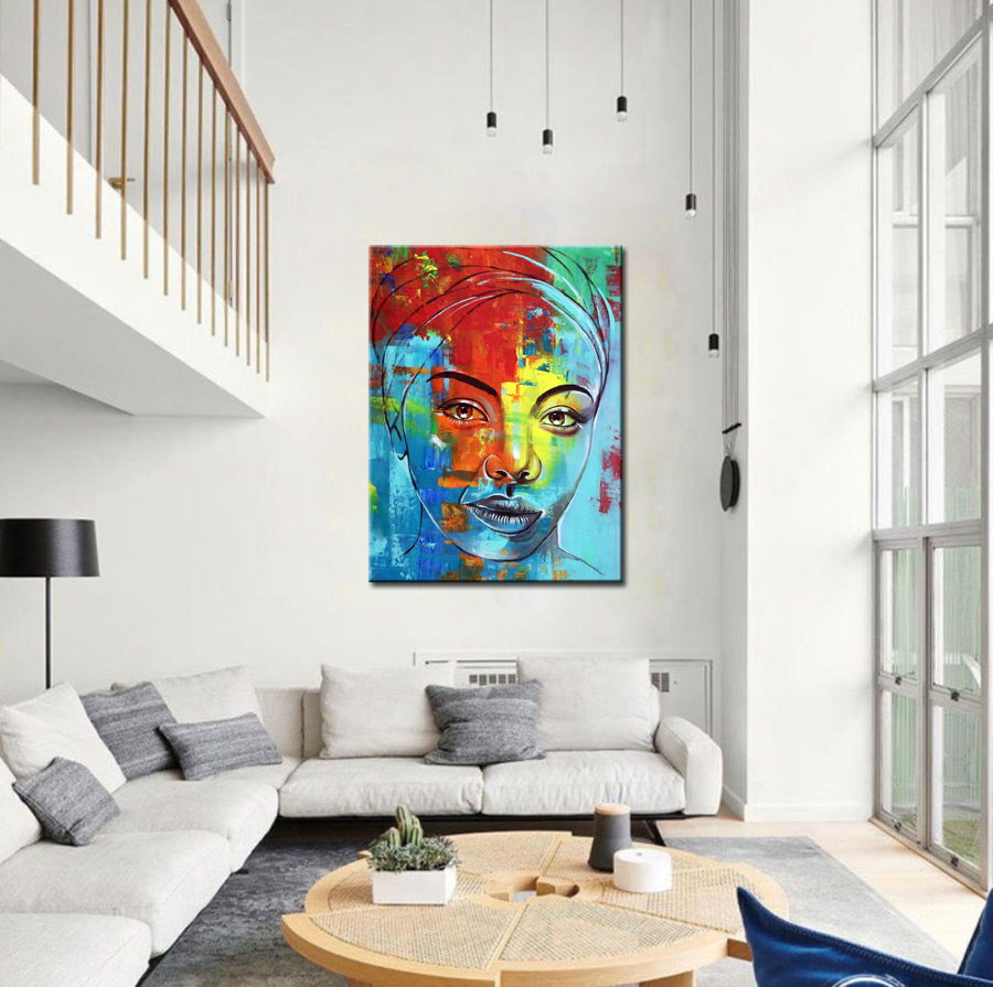 Kleurrijke Afrikaanse dame modern schilderij 90x120cm - Afbeelding 2