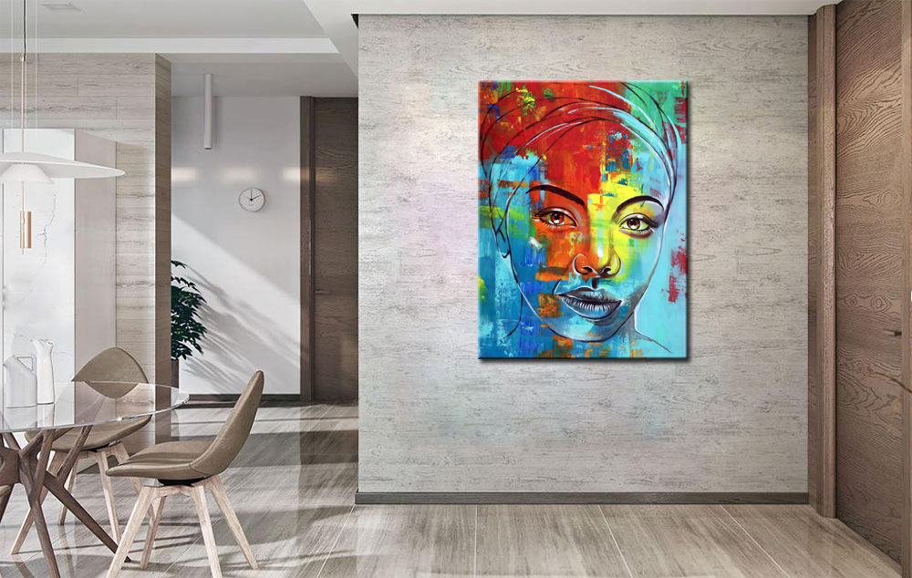 Kleurrijke Afrikaanse dame modern schilderij 90x120cm - Afbeelding 4