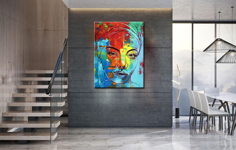 Kleurrijke Afrikaanse dame modern schilderij 90x120cm - Afbeelding 3