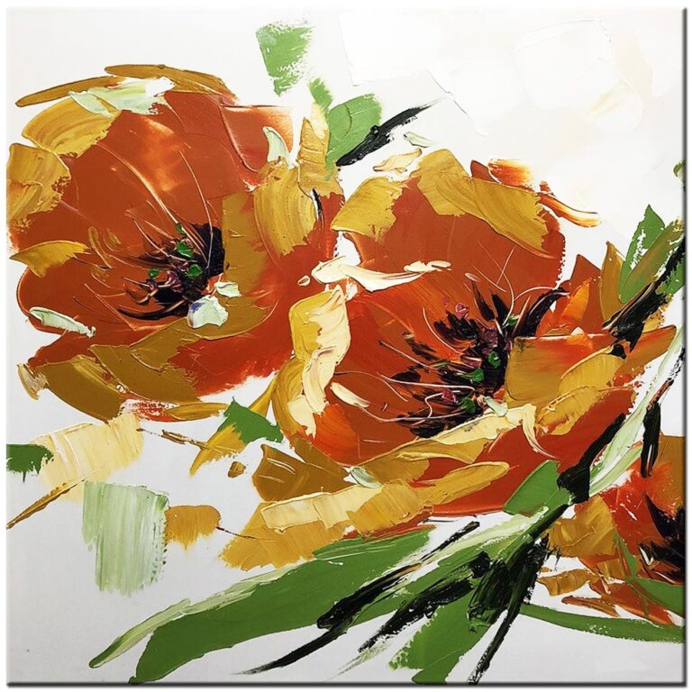 Bloemen schilderij Oranje Bloemen handgeschilderd modern abstract olieverf doek