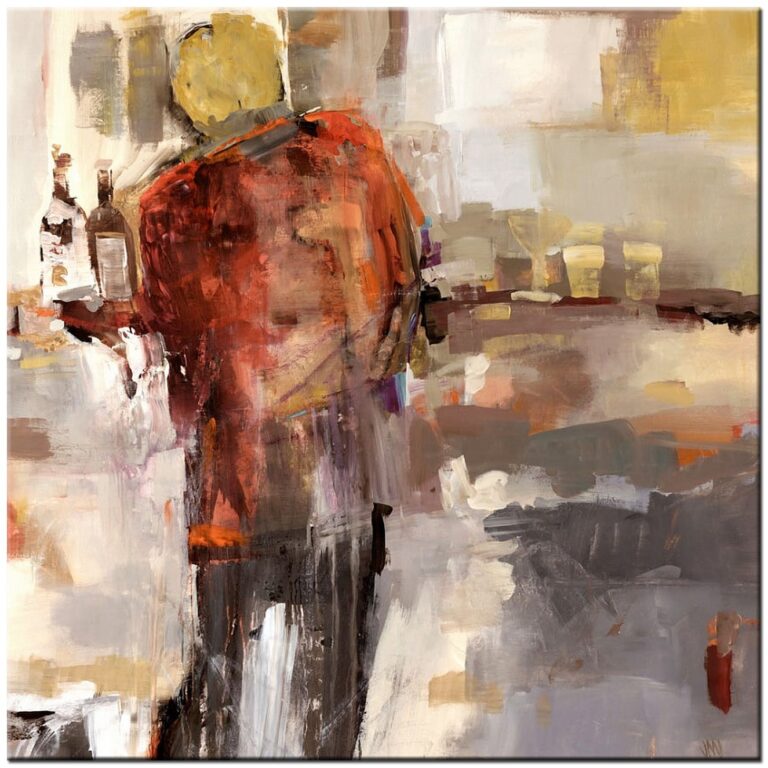 Schilderij Ober in Restaurant handgeschilderd olieverf schilderij met ober in rode jas en warme aardetinten
