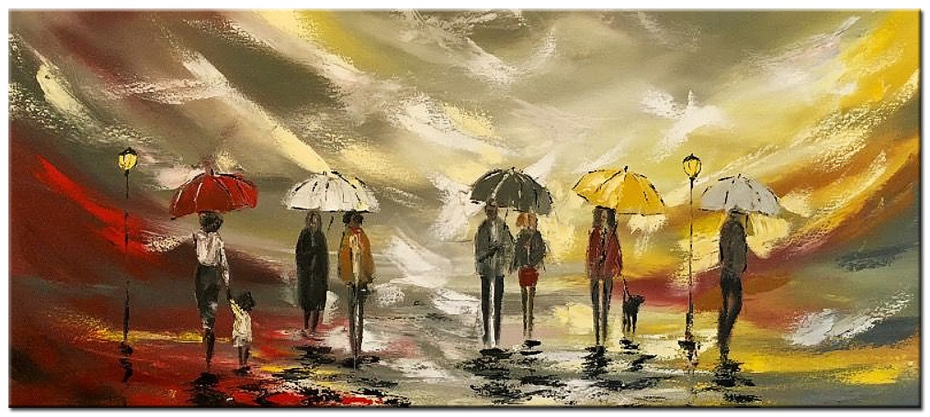 Figuratief schilderij Mensen met Paraplu 160x70cm