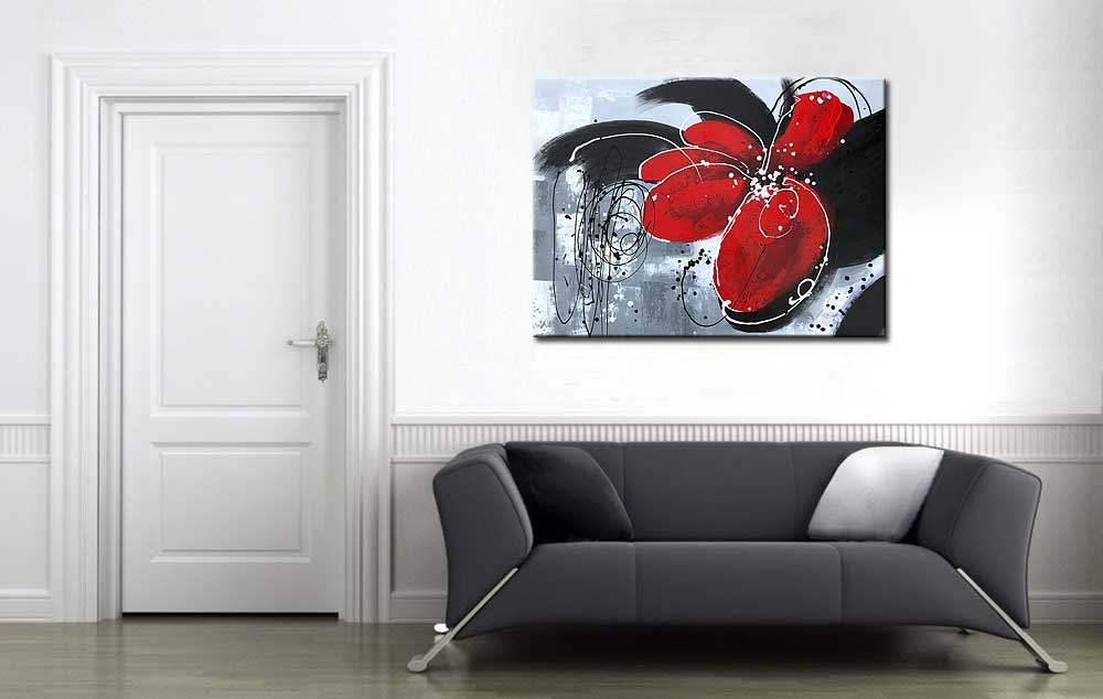 Bloemen schilderij Rode Abstracte Bloem 120x90cm - Afbeelding 2