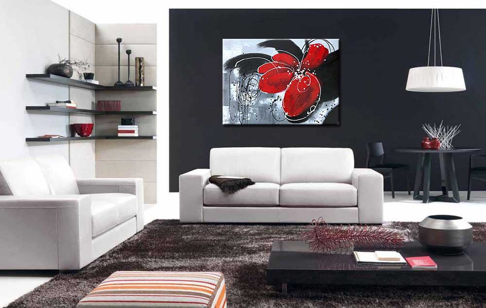 Bloemen schilderij Rode Abstracte Bloem 120x90cm - Afbeelding 3