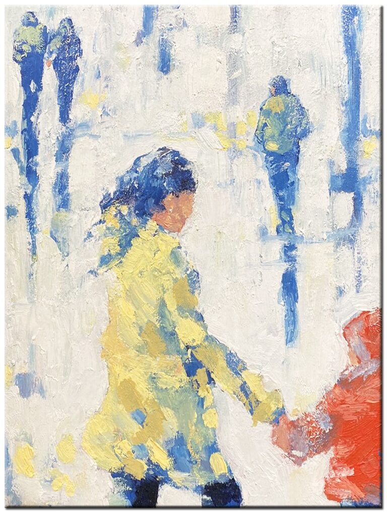 Schilderij Naar School handgeschilderd olieverf schilderij met wandelende mensen in blauwe en gele tinten