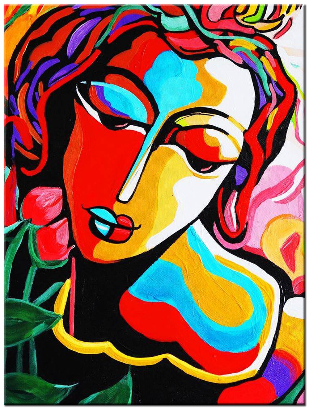 Vrouw met gesloten ogen kleurrijk schilderij 90x120cm