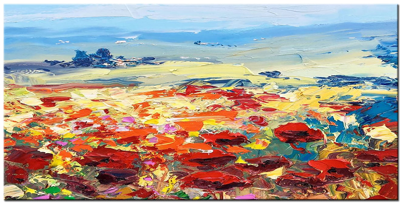 Bloemen schilderij klaprozenveld abstract 180x90cm