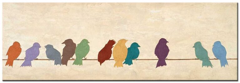 Modern schilderij Twaalf Vogels panoramisch handgeschilderd olieverf groot horizontaal vogels