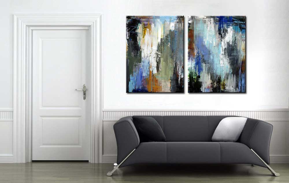 Tweeluik schilderij Abstract Blauw Groen - Afbeelding 4