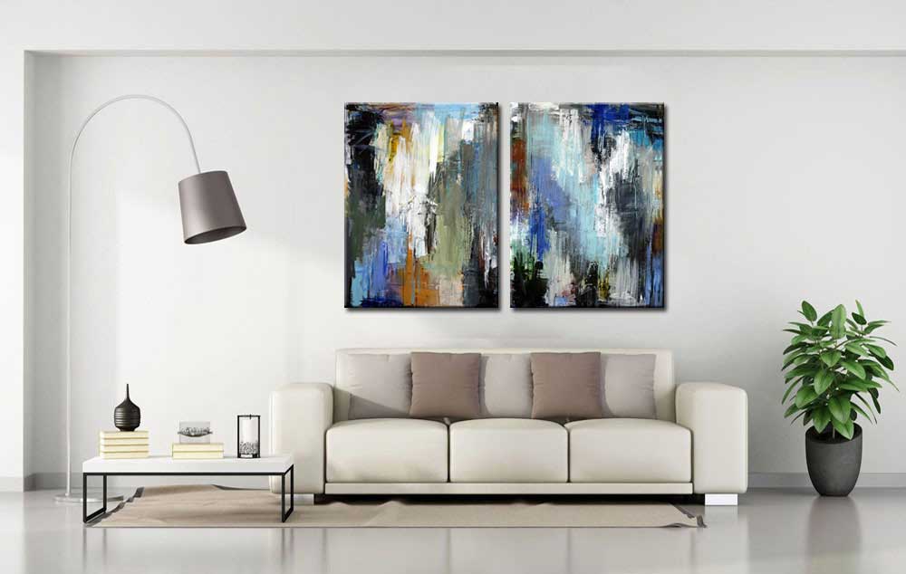 Tweeluik schilderij Abstract Blauw Groen - Afbeelding 3