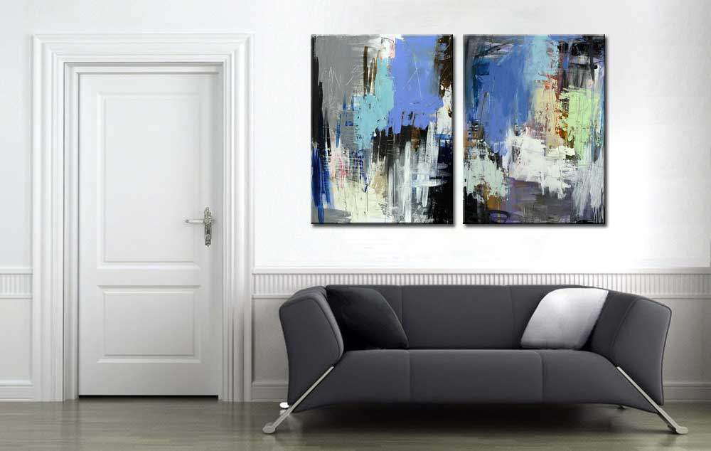 Tweeluik schilderij Abstract Blauw Grijs - Afbeelding 4