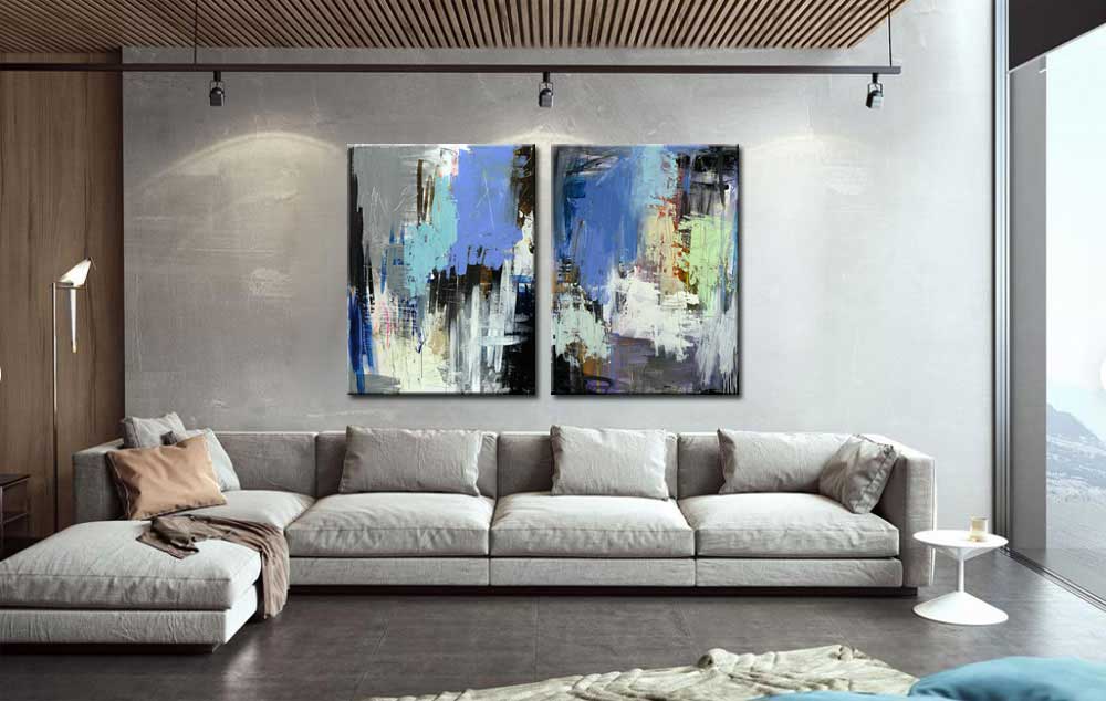 Tweeluik schilderij Abstract Blauw Grijs - Afbeelding 2