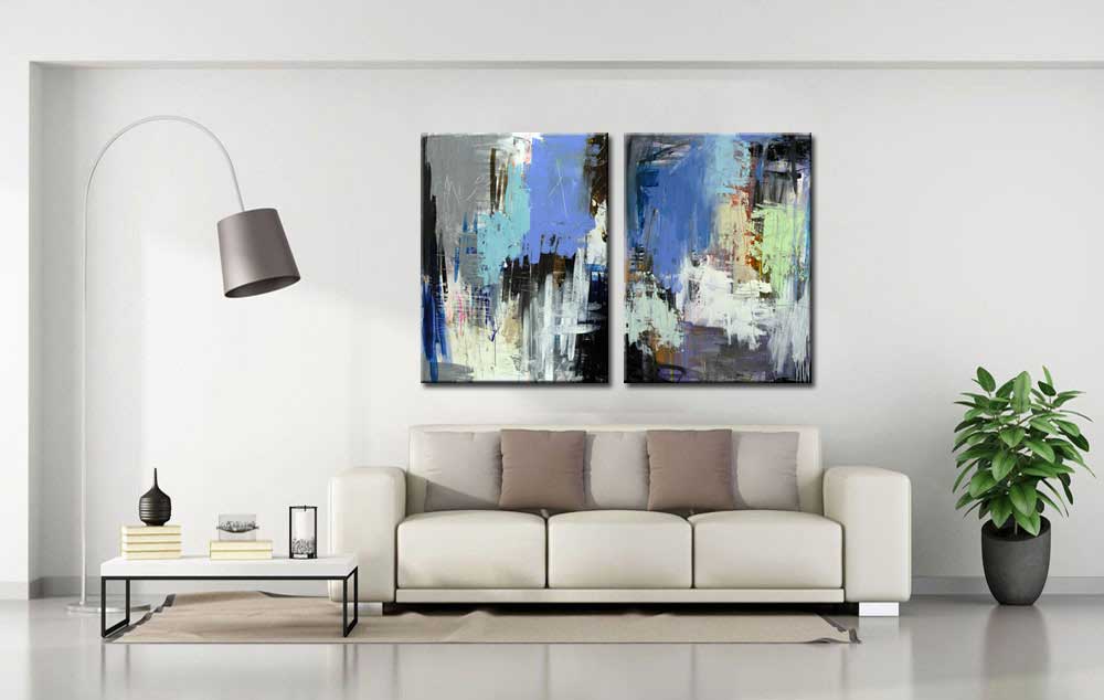 Tweeluik schilderij Abstract Blauw Grijs - Afbeelding 3