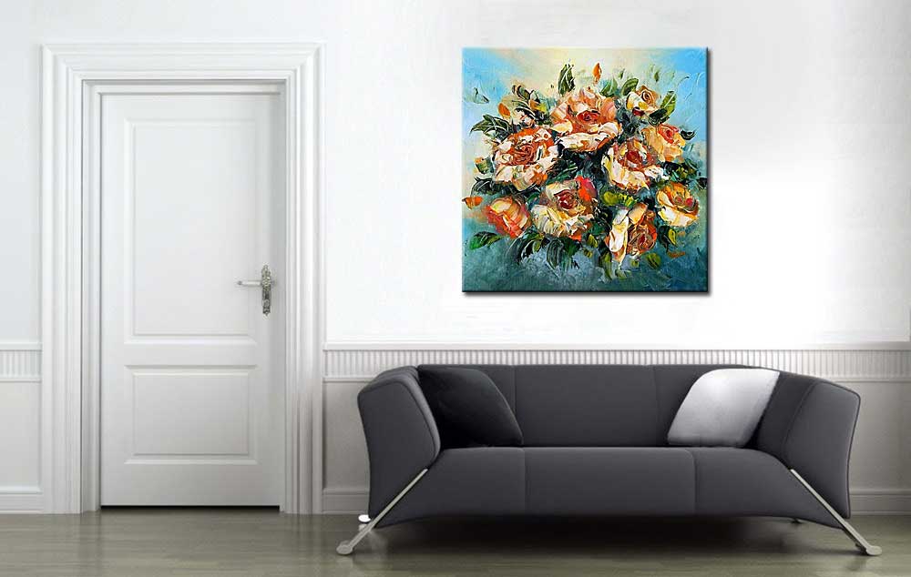 Bloemen schilderij Oranje en Witte Rozen - Afbeelding 2