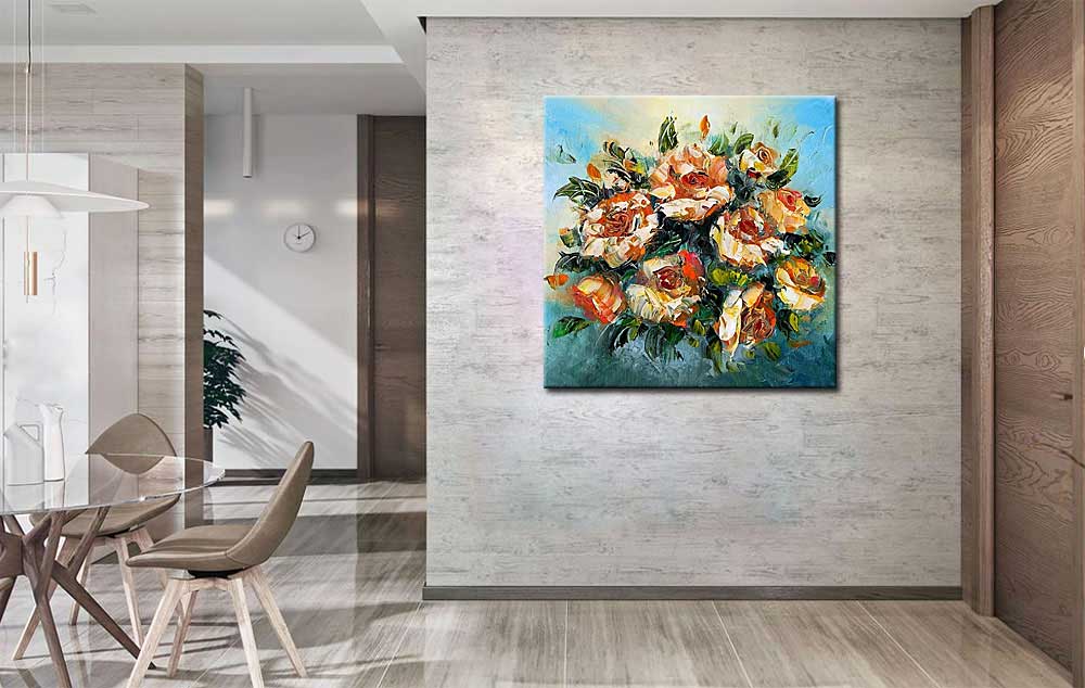 Bloemen schilderij Oranje en Witte Rozen - Afbeelding 4