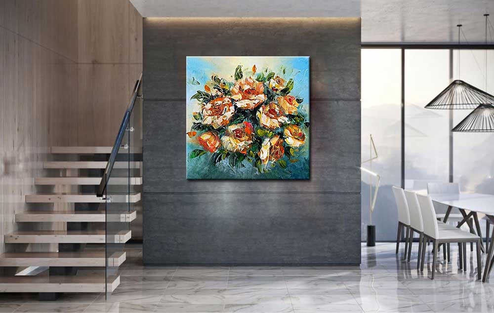 Bloemen schilderij Oranje en Witte Rozen - Afbeelding 3