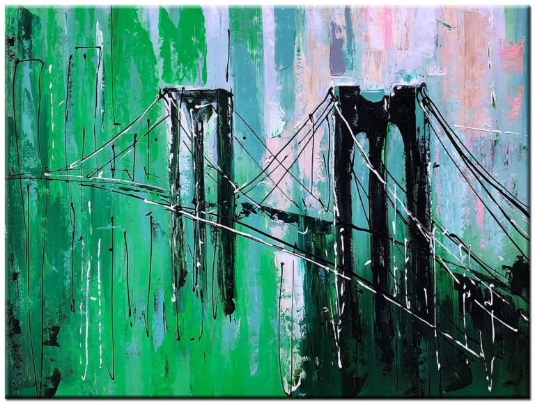 Modern schilderij Stadsbrug in Groen – handgeschilderd olieverf schilderij met hangbrug in groen en zwart
