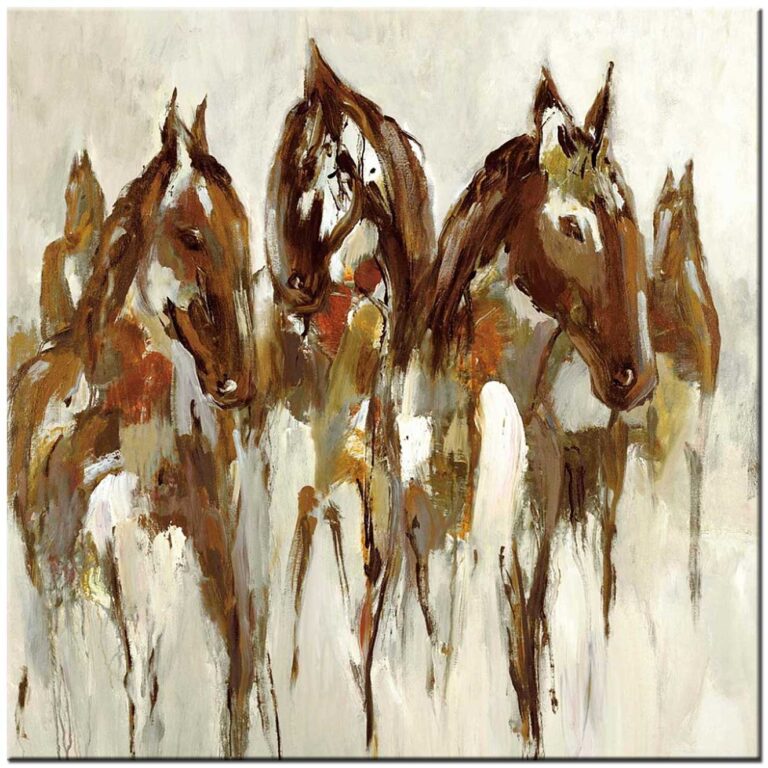 Modern schilderij Bruine Paarden vierkant handgeschilderd olieverf schilderij in warme bruintinten