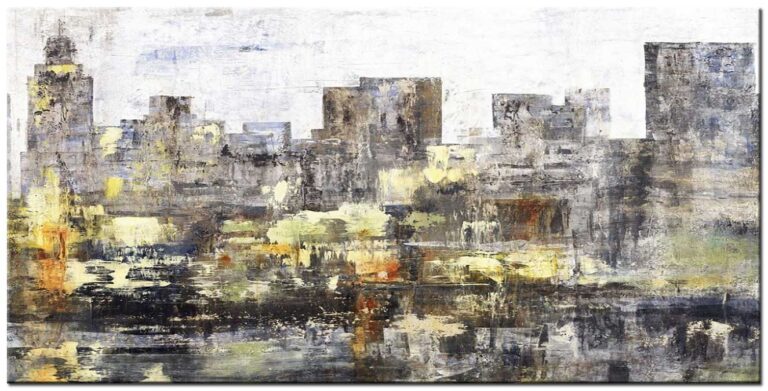 Steden schilderij Skyline in Grijstinten handgeschilderd olieverf schilderij met abstract stadsbeeld en gelaagde grijze tinten op canvas