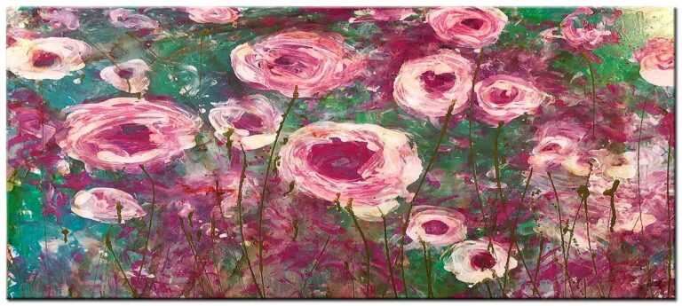 Bloemen schilderij Roze Pioenrozen handgeschilderd olieverf schilderij met roze bloemen en groene achtergrond op doek