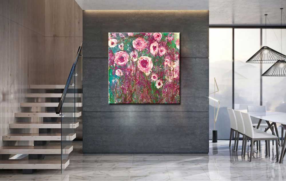 Bloemen schilderij Pastel Roze Bloemen - Afbeelding 4