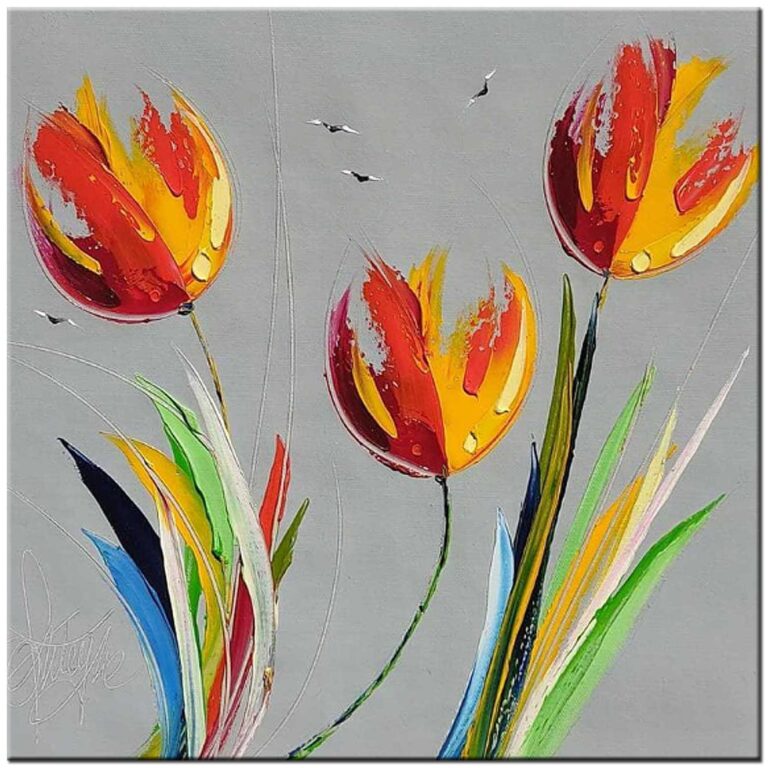 Bloemen schilderij Rode en Gele Tulpen handgeschilderd modern abstract olieverf doek
