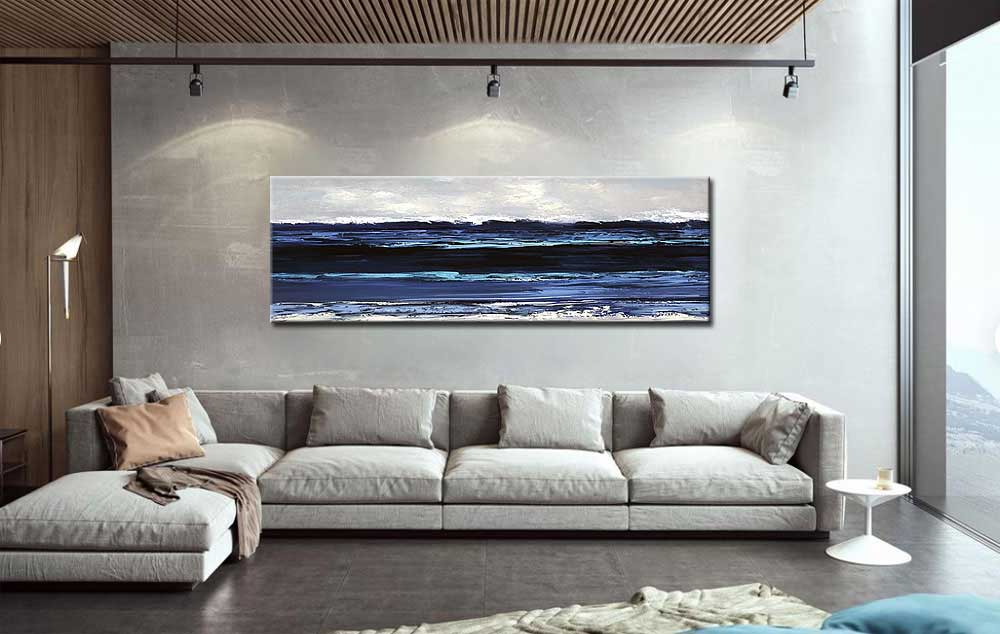 Blauwe Zee modern groot schilderij 180x60cm - Afbeelding 2