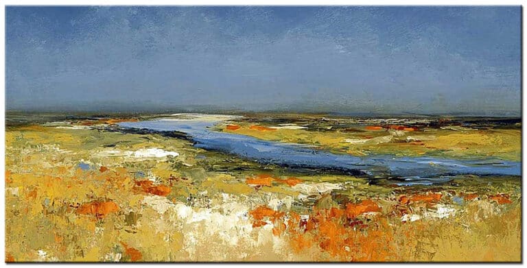 Schilderij Rivier door Landschap – weids landschap met kronkelende rivier, blauwe lucht en warme geel- en oranjetinten