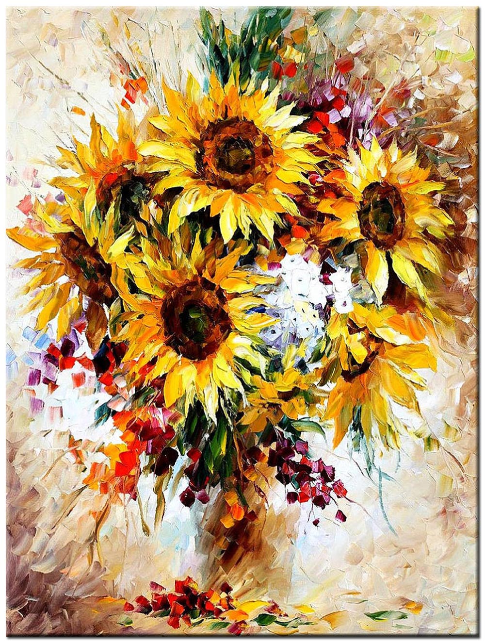 Bloemen schilderij zonnebloemen in vaas 90x120cm