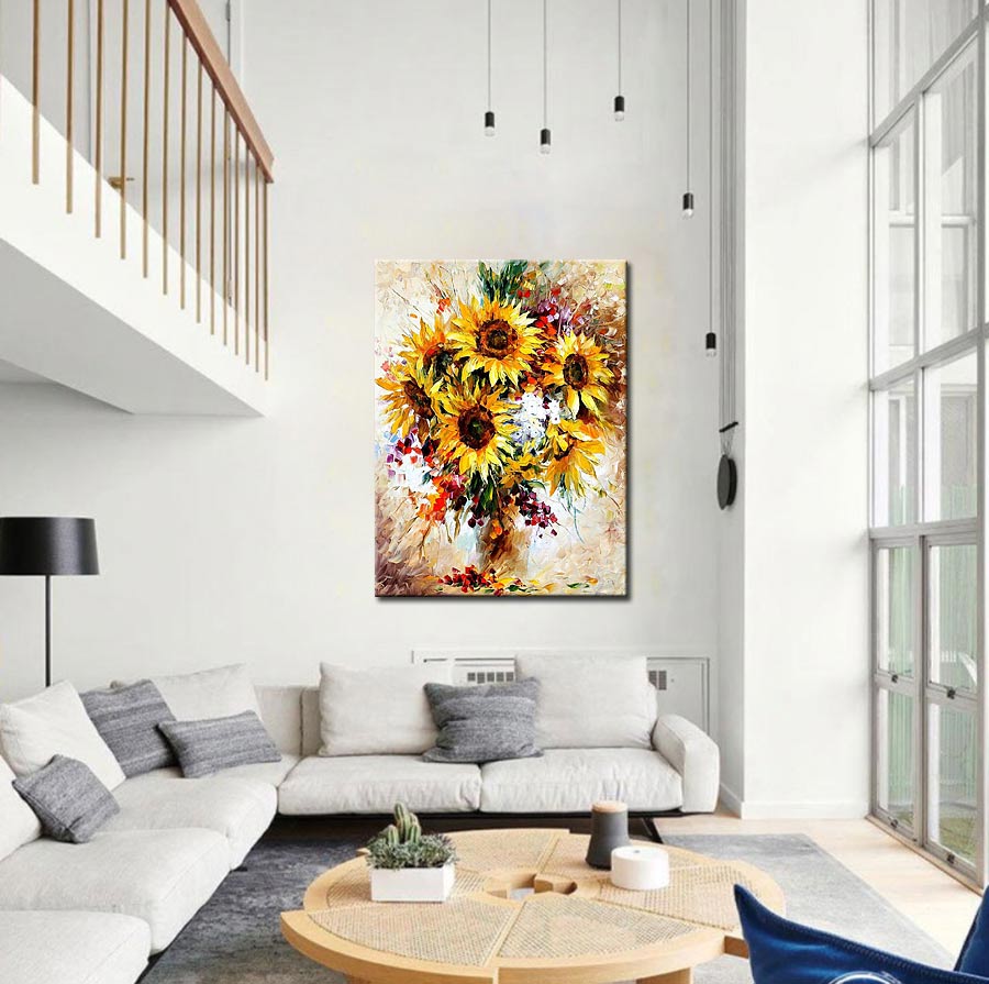Bloemen schilderij zonnebloemen in vaas 90x120cm - Afbeelding 2