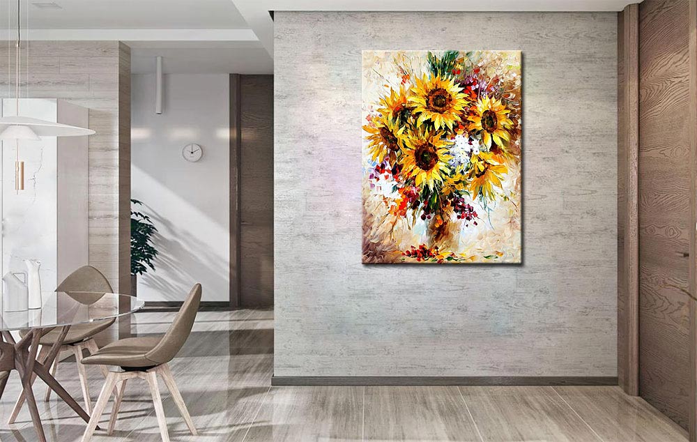 Bloemen schilderij zonnebloemen in vaas 90x120cm - Afbeelding 4
