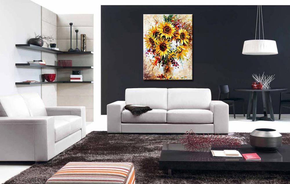 Bloemen schilderij zonnebloemen in vaas 90x120cm - Afbeelding 3